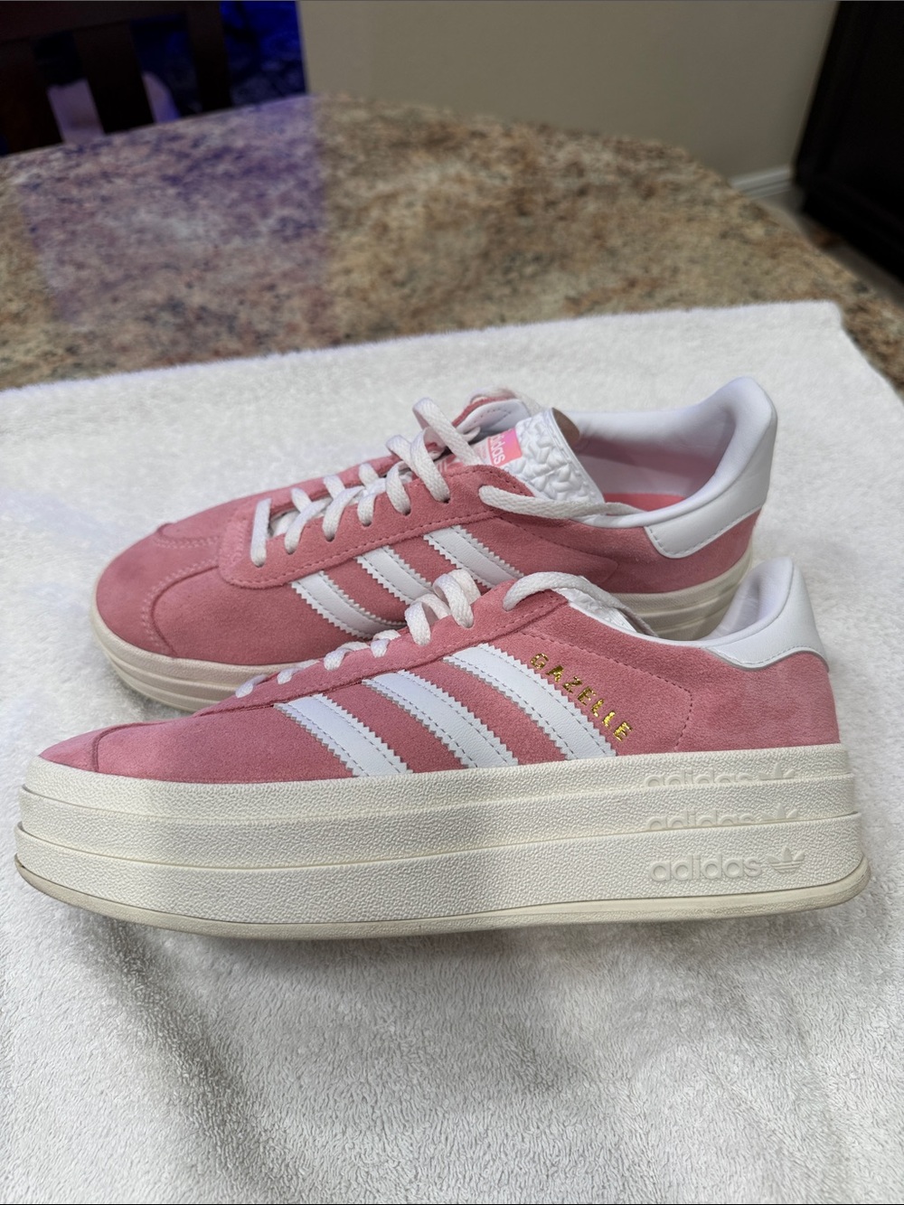 adidas Gazelle Pink Suede Platform Sneakers with White Stripes